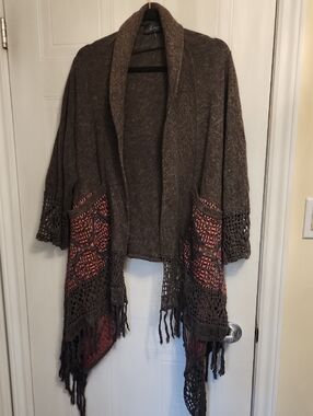 Cozy Gray Open-Front Fringe Sweater Cardigan